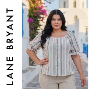 Lane Bryant Square Neck Striped Top With Button Detail